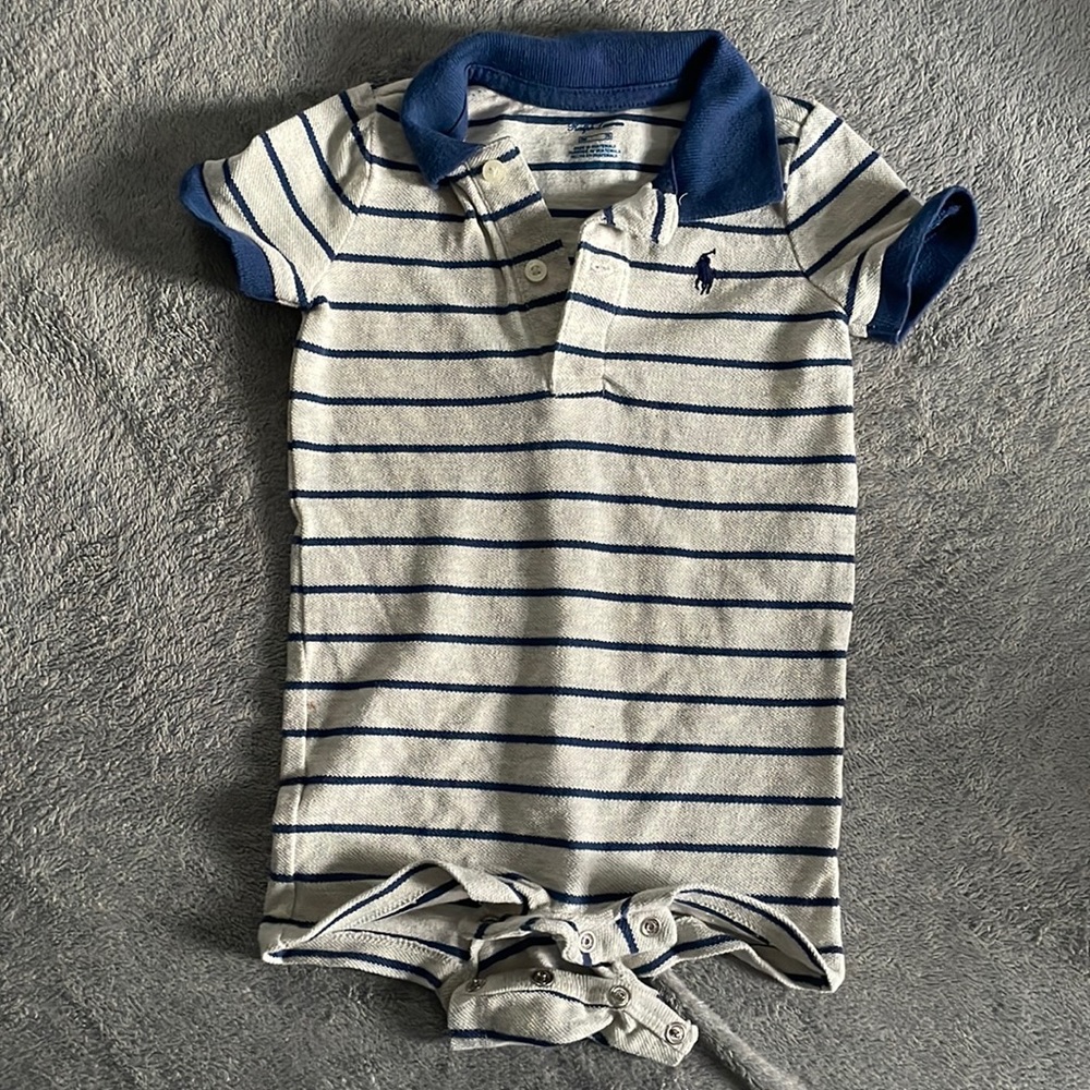 Like NEW Ralph Lauren Baby Boys Shortall Blue Gray 9M